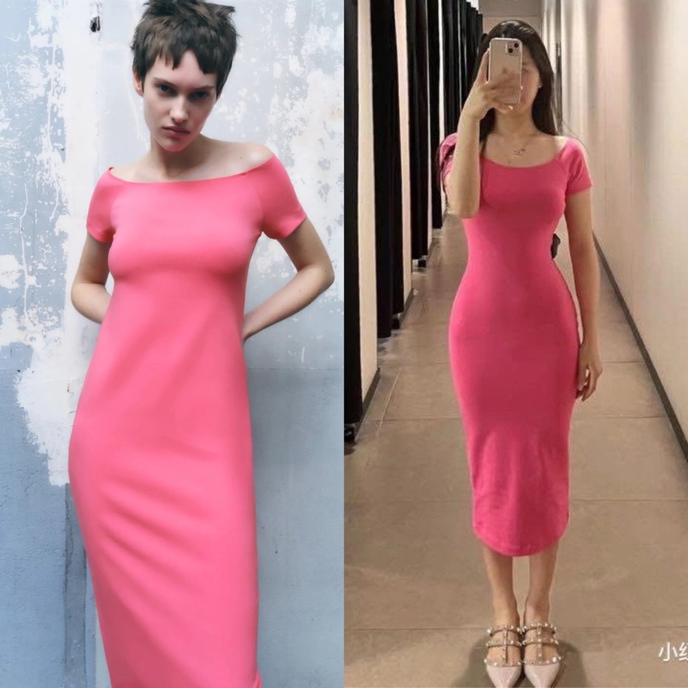 Zara Off Shoulder Fuchsia Pink Midi Dress Size Large Bodycon Short Sleeve Barbie